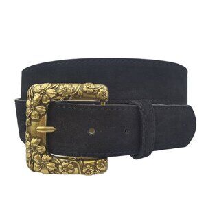 Genuine Suede Leather Belt with Floral Buckle